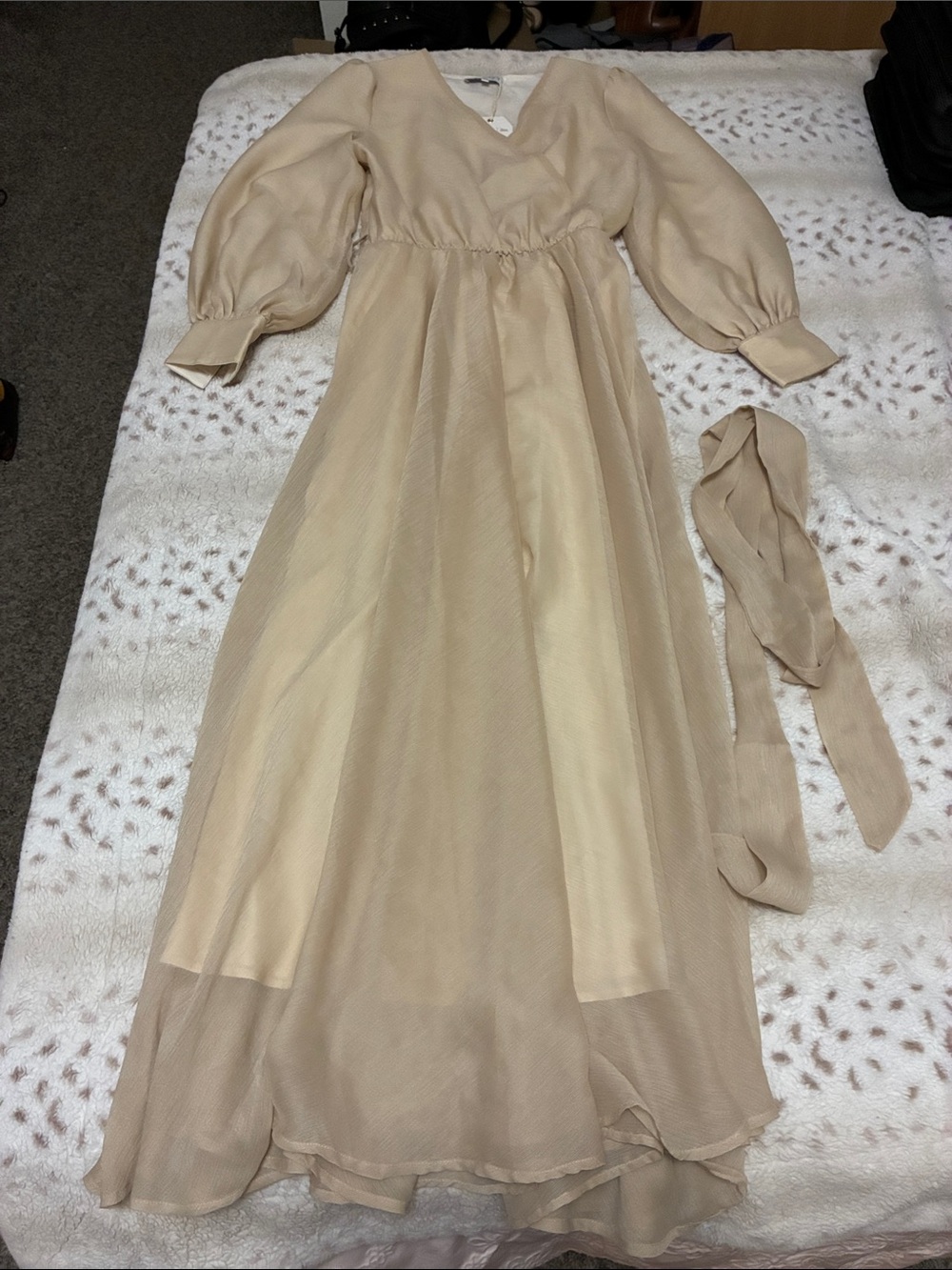 Ivy City Co Beige Chiffon Maxi Dress with Puff Sleeves